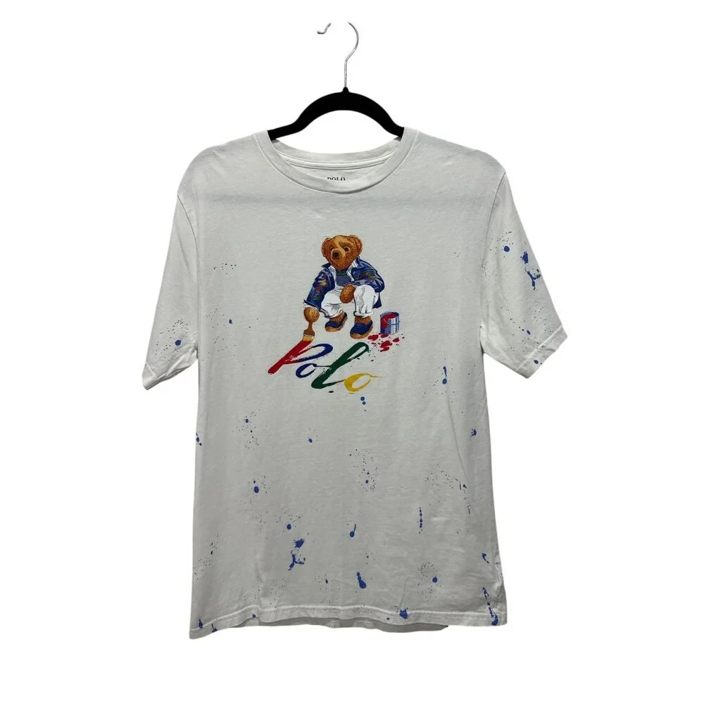 POLO Ralph Lauren Boys Youth Polo Bear White Paint T-Shirt & Shorts Outfit XL(18